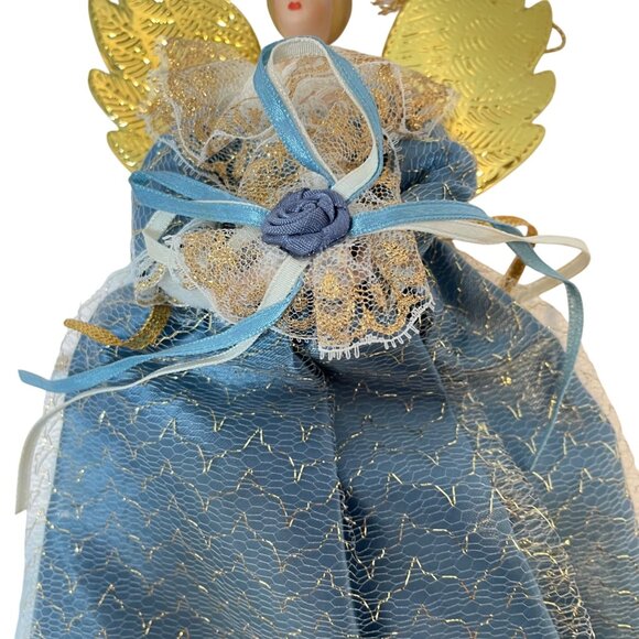 Vintage Handmade Angel Tree Topper With Golden Wings & Blue Gown Lace Overlay - Picture 3 of 8